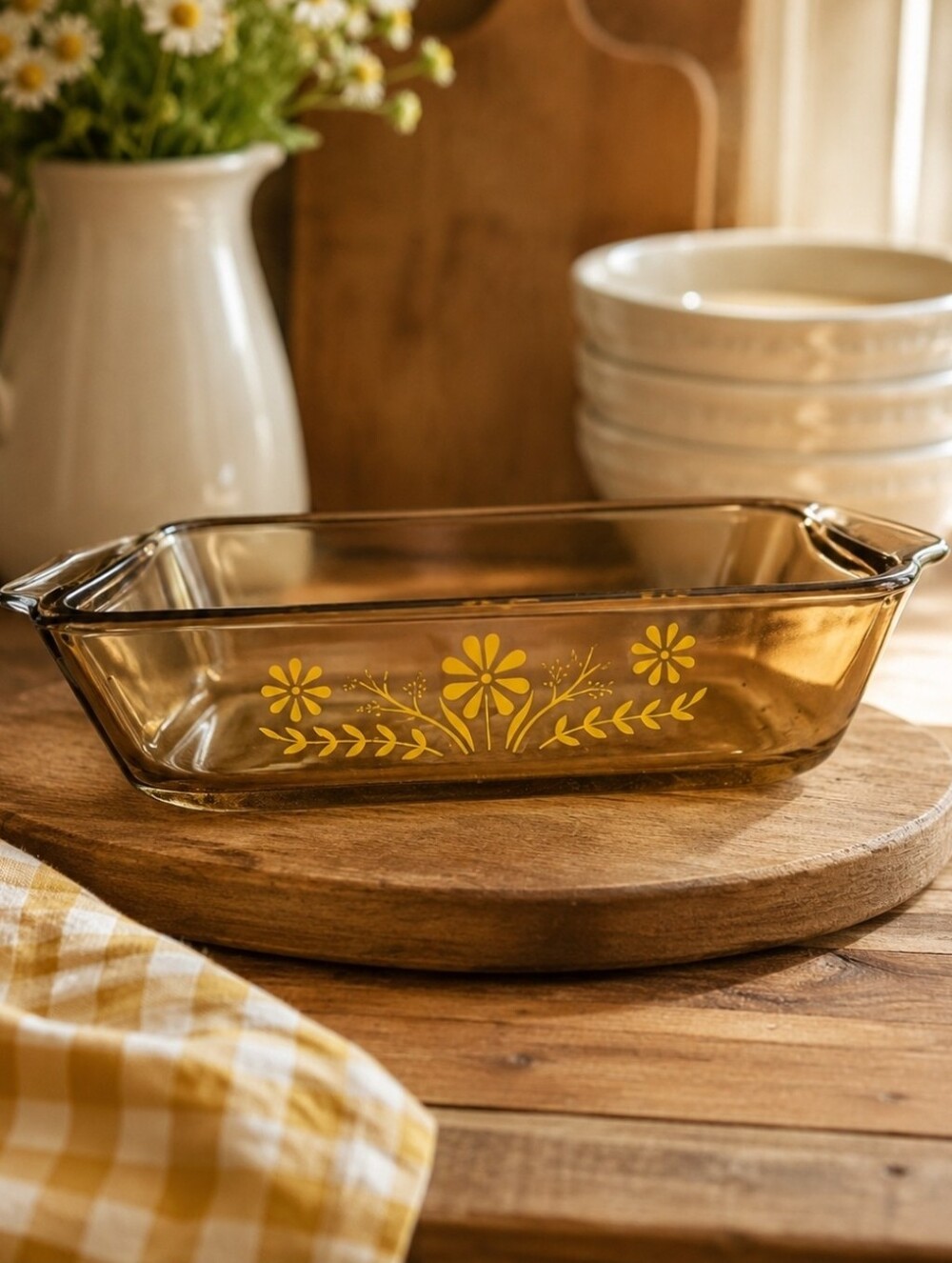 Vintage Jeanette Amber Glass Baking Dish w/ Yellow Daisy – Retro Cottagecore